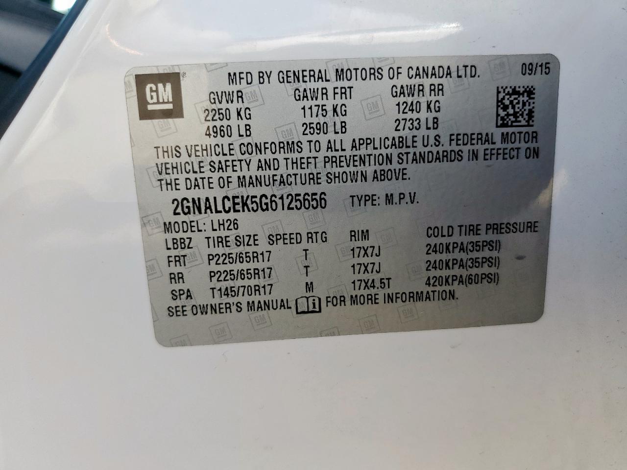 2GNALCEK5G6125656 CHEVROLET EQUINOX 2016 WHITE Photo 12