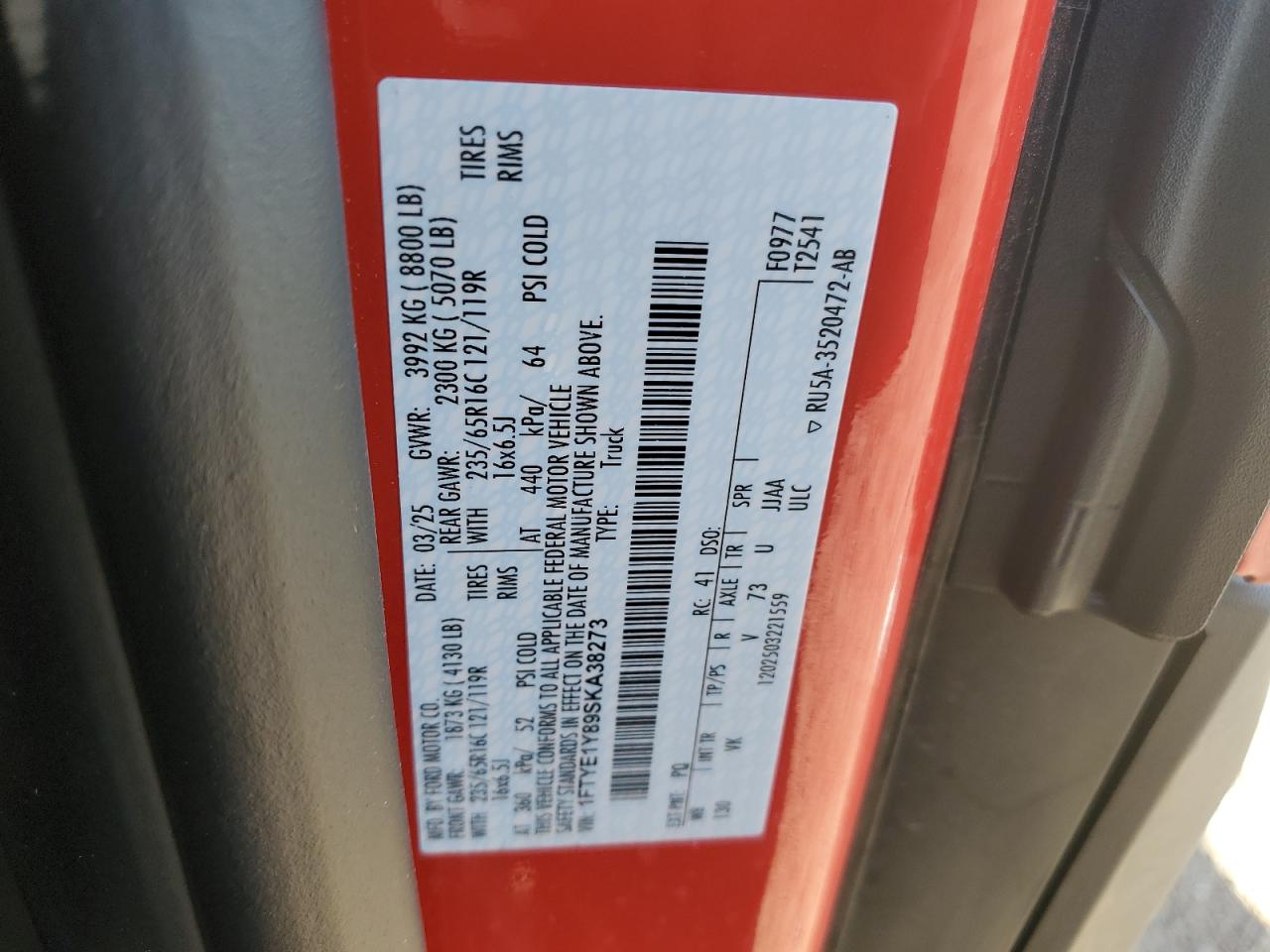 2025 Ford Transit T-150 VIN: 1FTYE1Y89SKA38273 Lot: 70449505