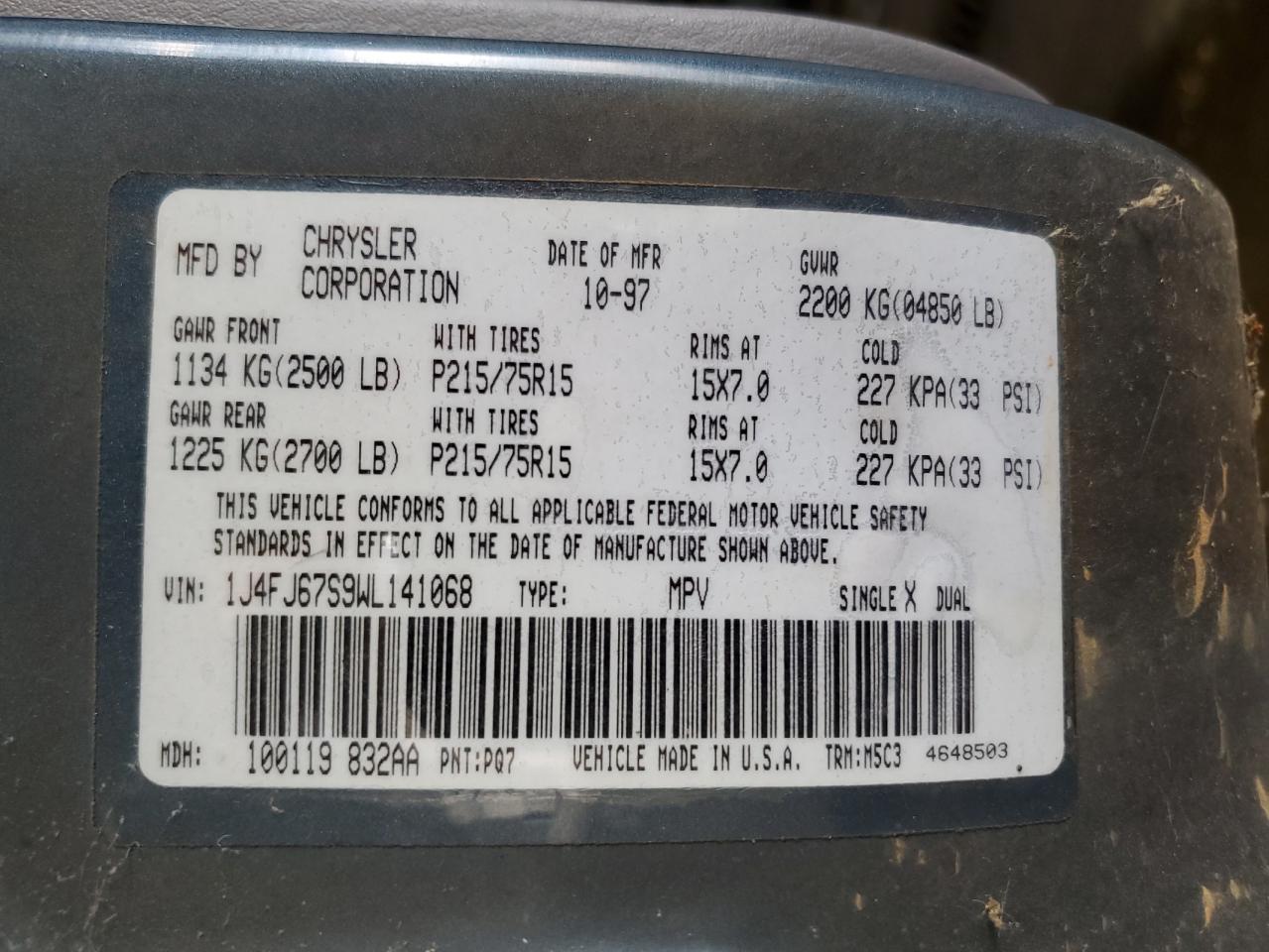 1998 Jeep Cherokee Sport VIN: 1J4FJ67S9WL141068 Lot: 68575175