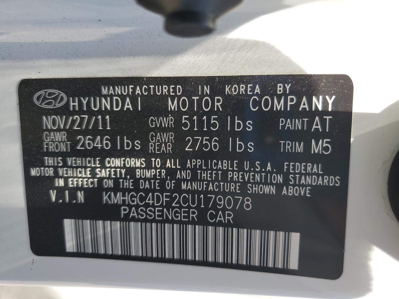 2012 Hyundai Genesis 4.6L VIN: KMHGC4DF2CU179078 Lot: 67482145