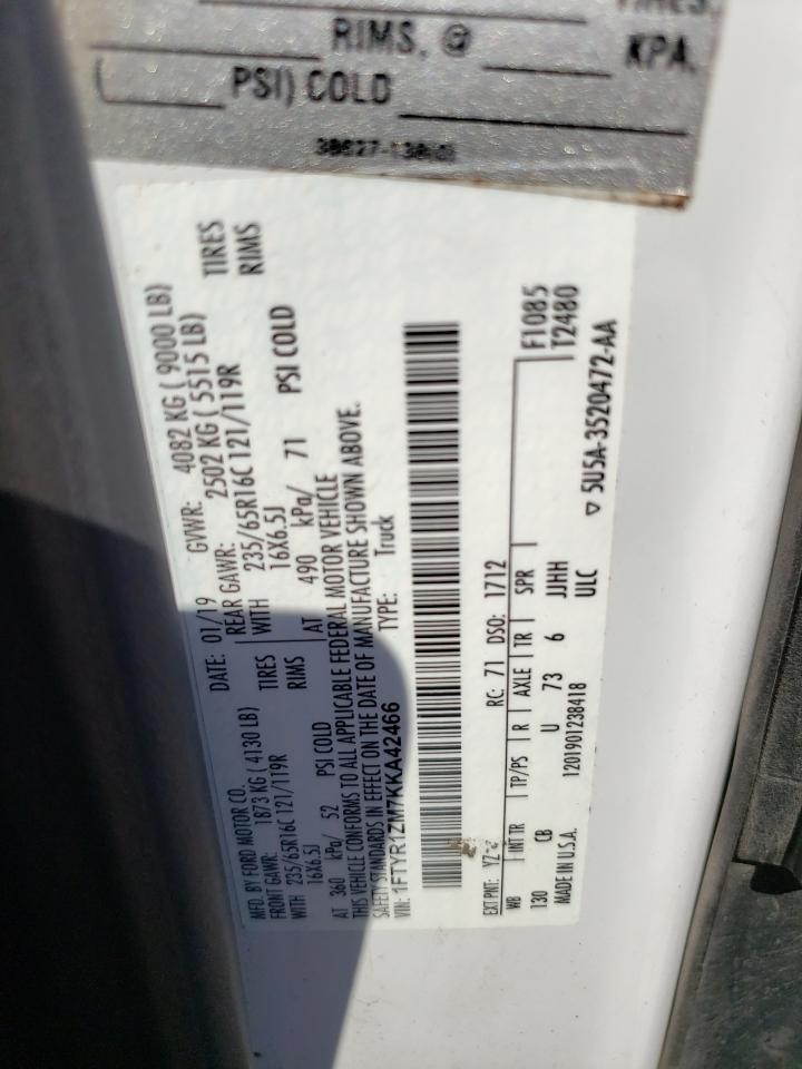 2019 Ford Transit T-250 VIN: 1FTYR1ZM7KKA42466 Lot: 67960655