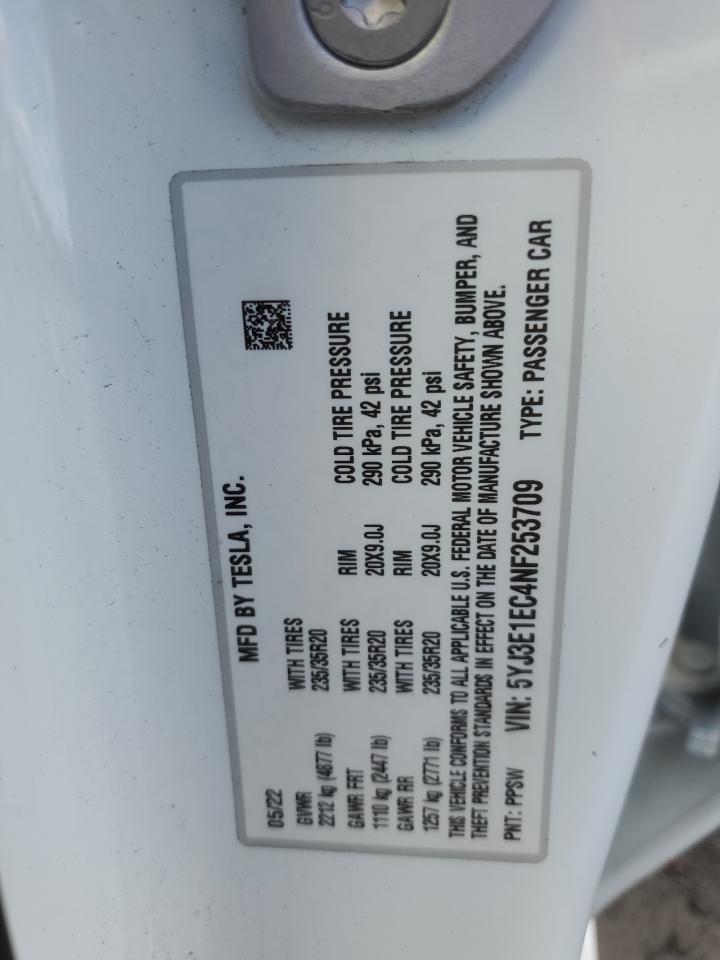 2022 Tesla Model 3 VIN: 5YJ3E1EC4NF253709 Lot: 70351825