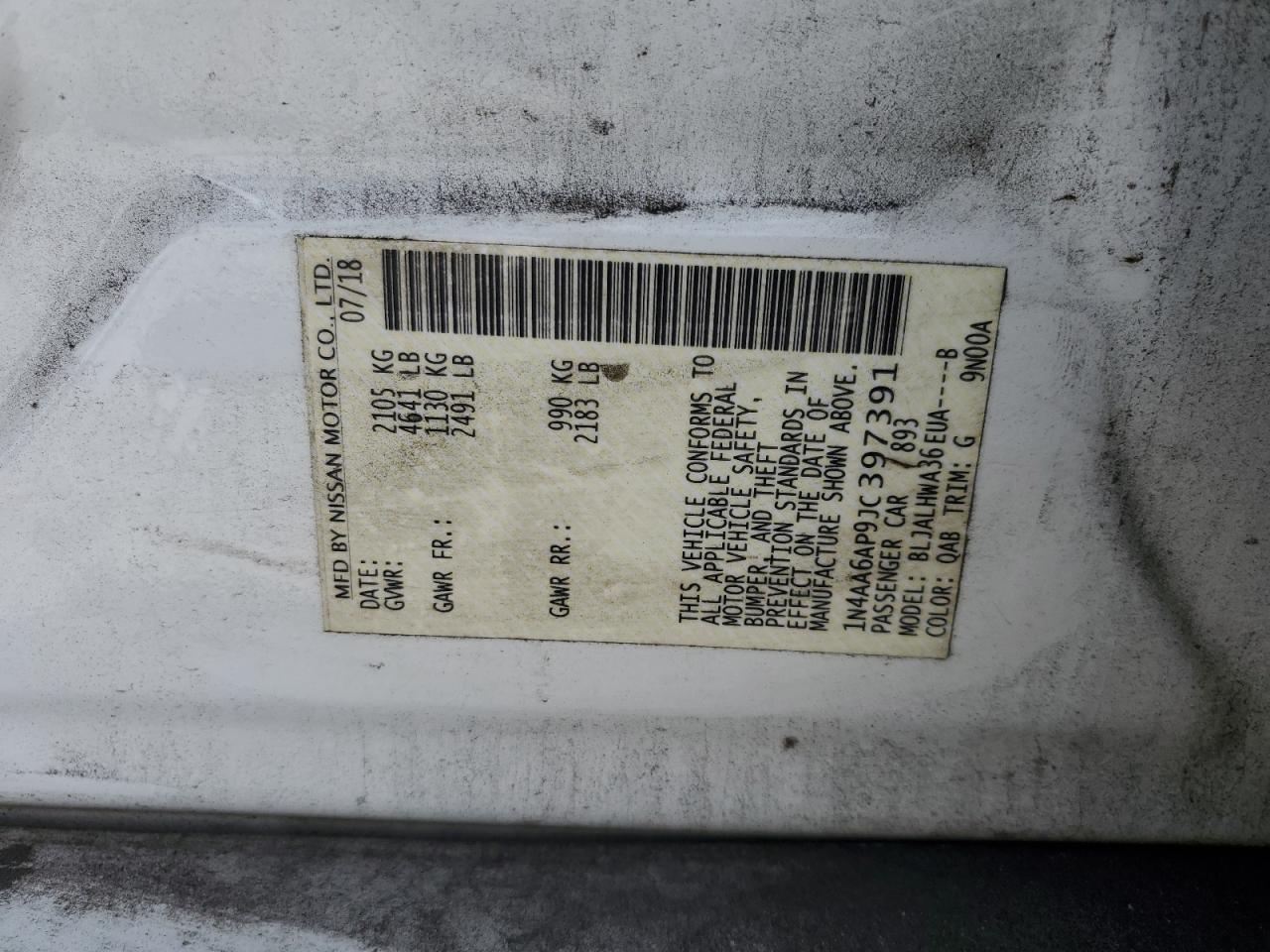 2018 Nissan Maxima 3.5S VIN: 1N4AA6AP9JC397391 Lot: 68905415