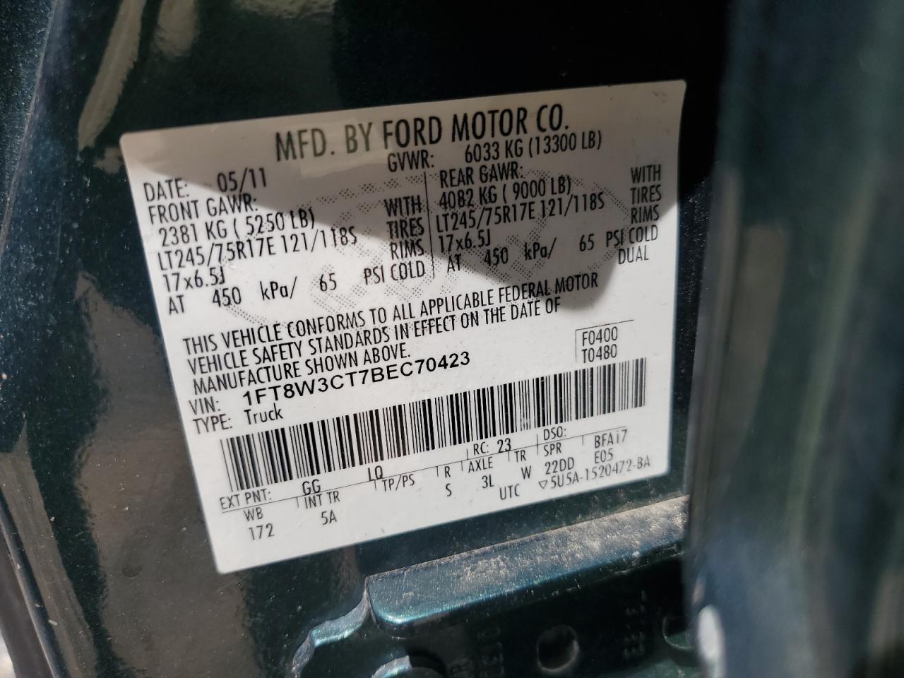 2011 Ford F350 Super Duty VIN: 1FT8W3CT7BEC70423 Lot: 68307745