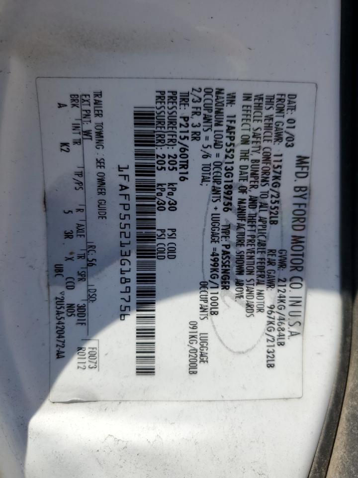 2003 Ford Taurus Ses VIN: 1FAFP55213G189756 Lot: 68891855