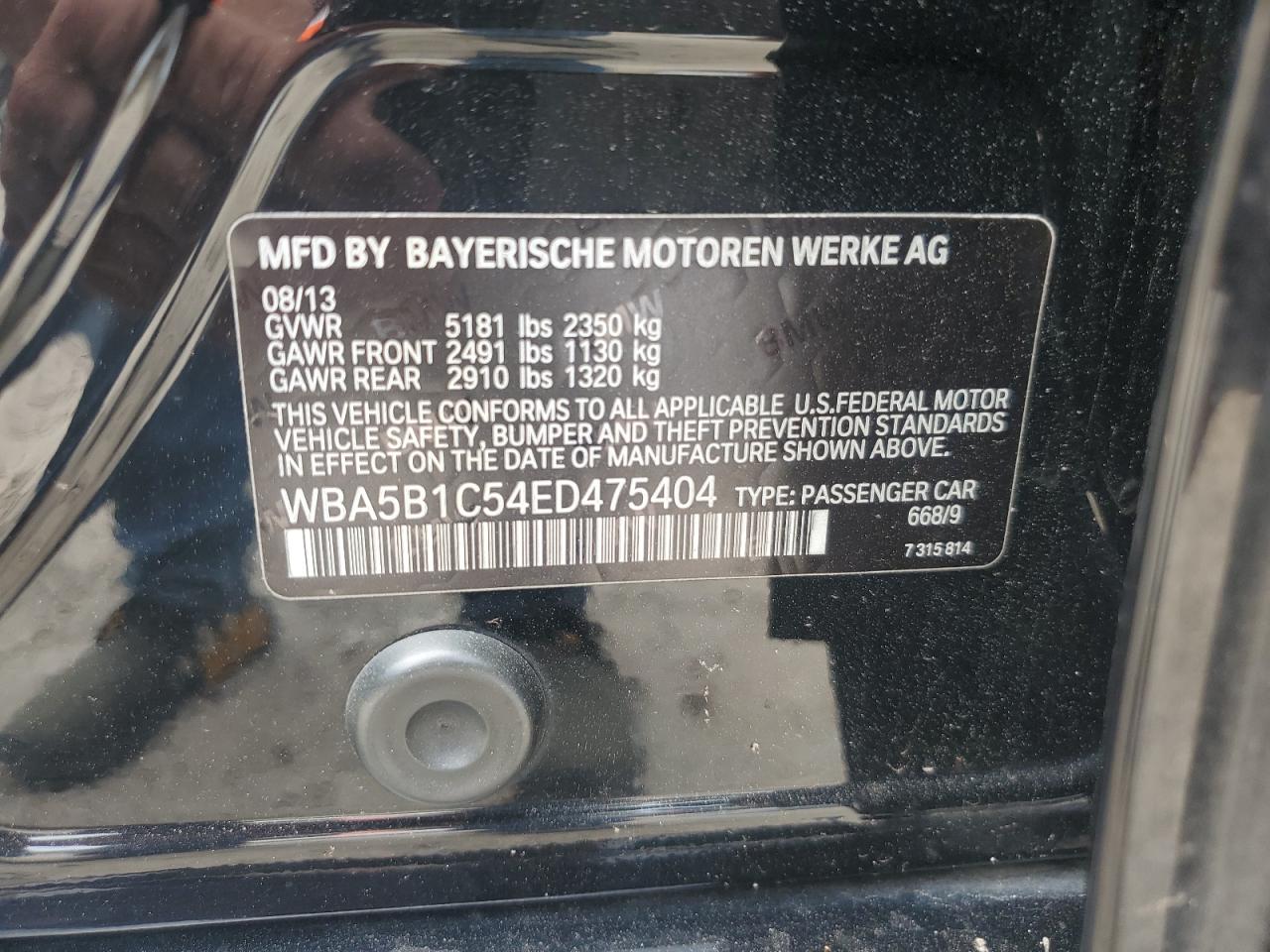 2014 BMW 535 I VIN: WBA5B1C54ED475404 Lot: 69351195