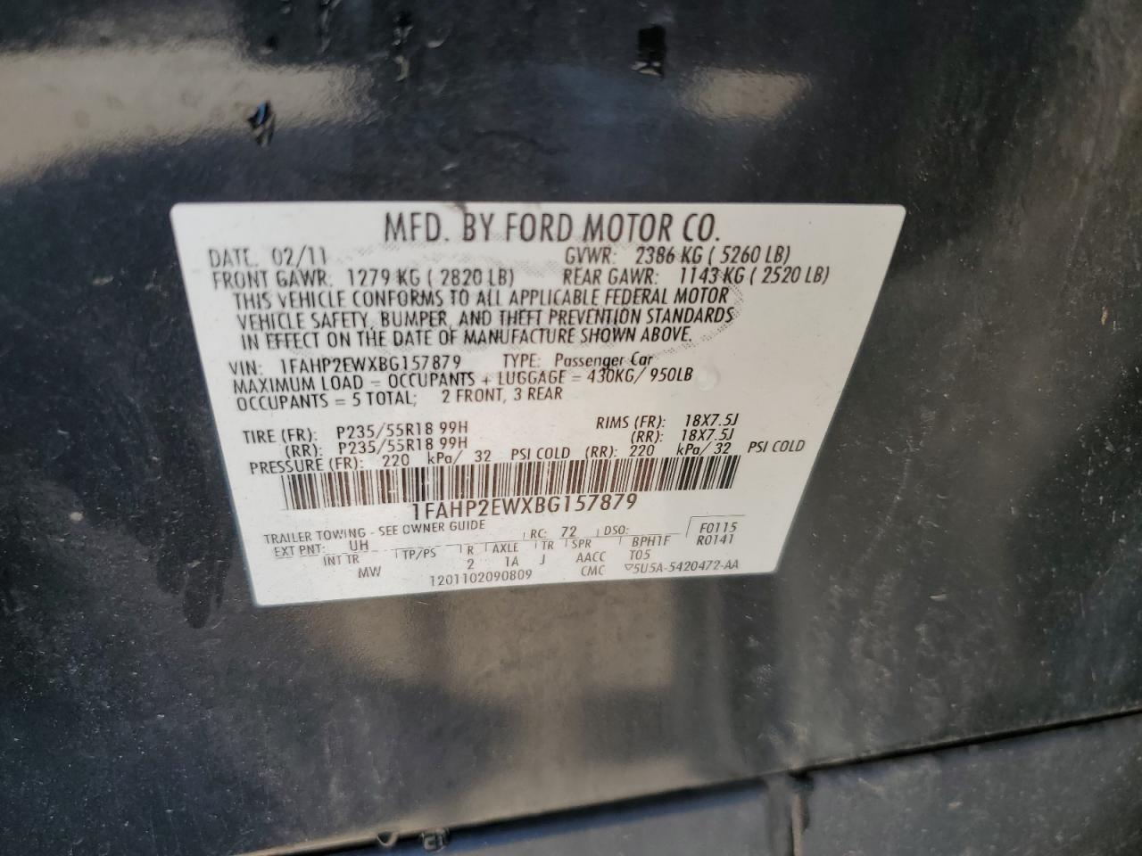 2011 Ford Taurus Sel VIN: 1FAHP2EWXBG157879 Lot: 68540735