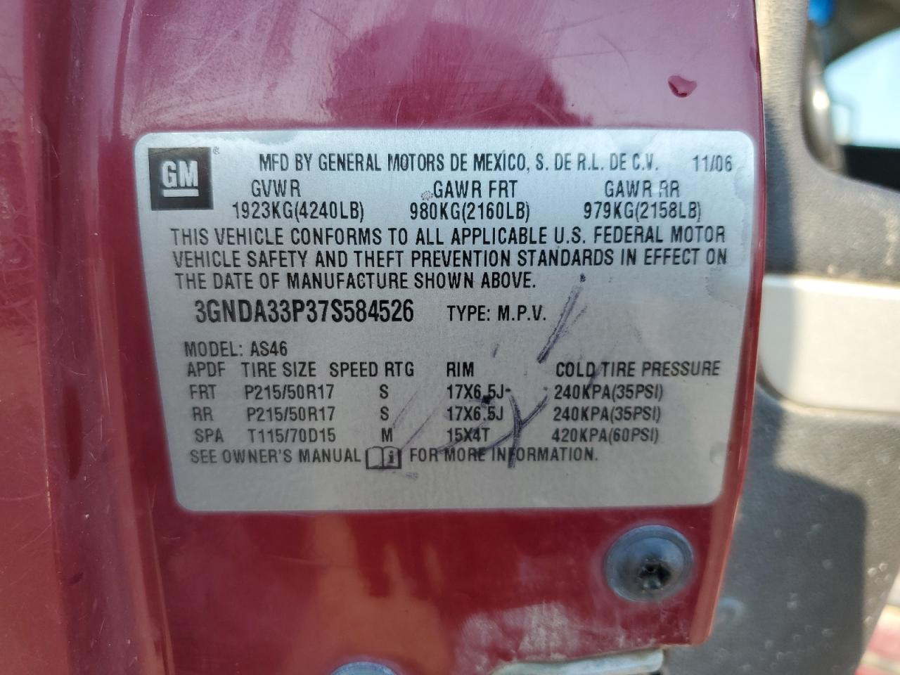 2007 Chevrolet Hhr Lt VIN: 3GNDA33P37S584526 Lot: 67040105