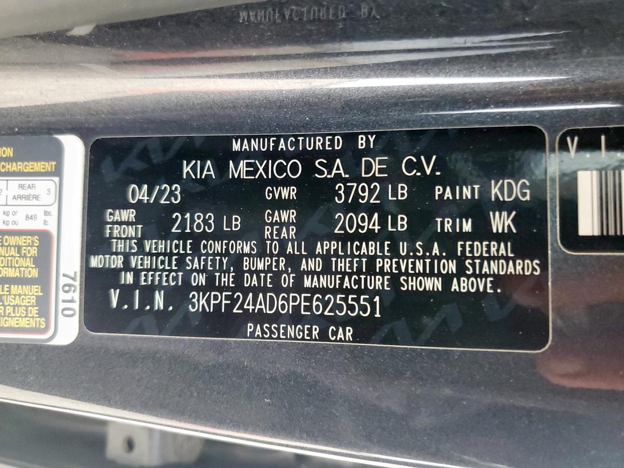 2023 Kia Forte Lx VIN: 3KPF24AD6PE625551 Lot: 70107075