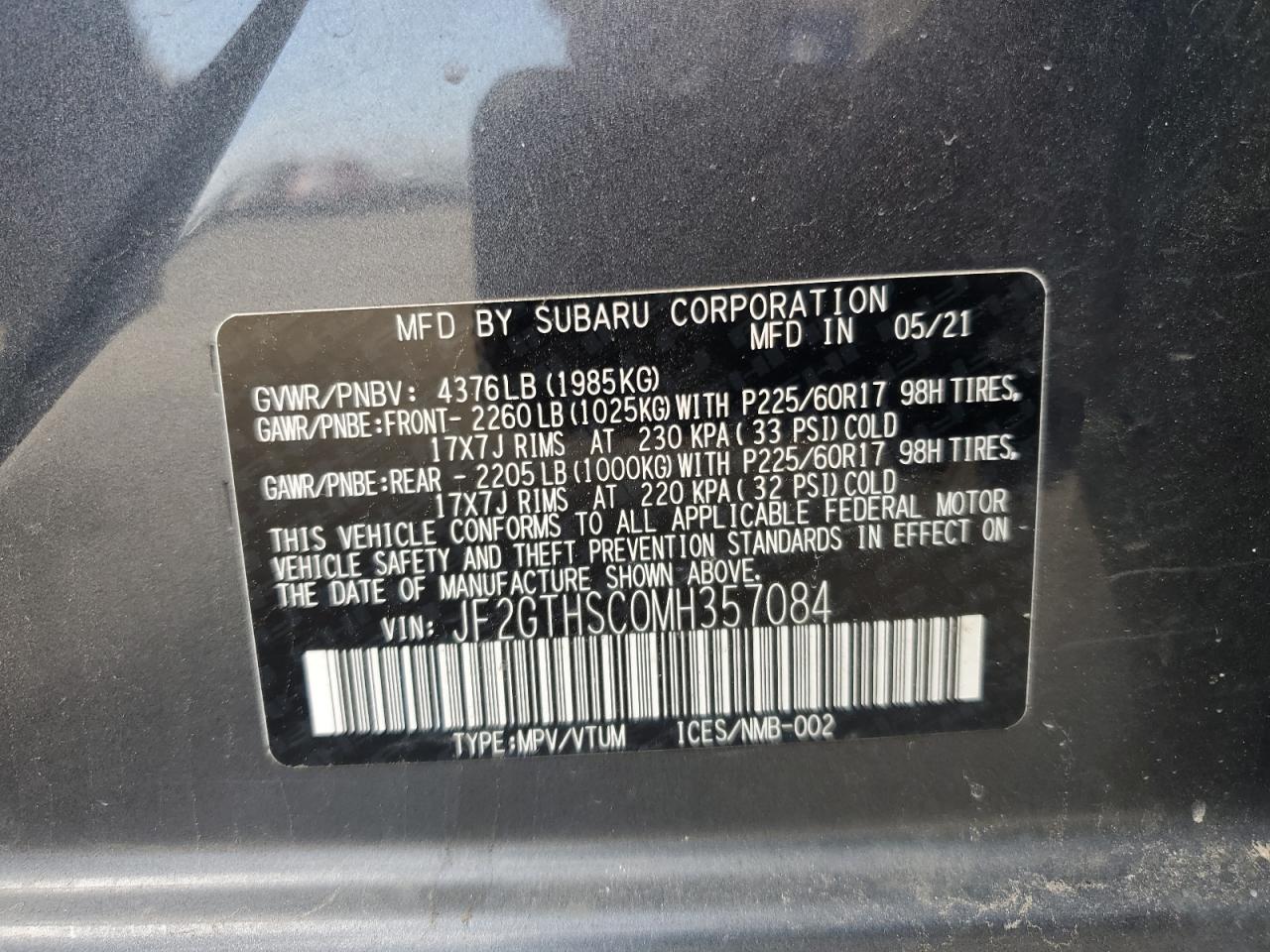 2021 Subaru Crosstrek Sport VIN: JF2GTHSC0MH357084 Lot: 70599425