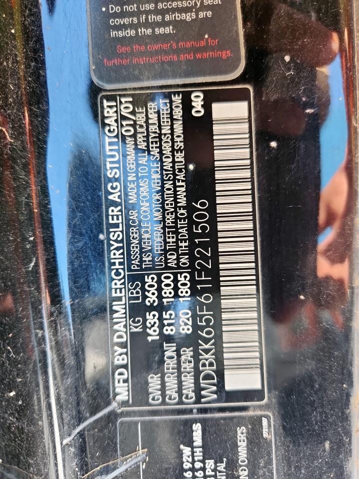 2001 Mercedes-Benz Slk 320 VIN: WDBKK65F61F221506 Lot: 67690165