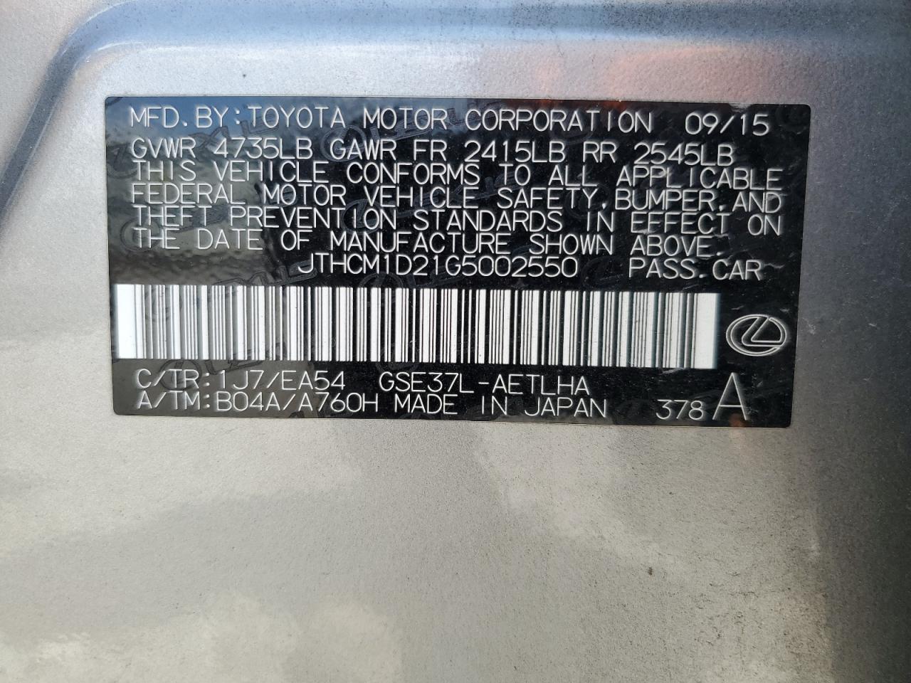 2016 Lexus Is 300 VIN: JTHCM1D21G5002550 Lot: 68652005