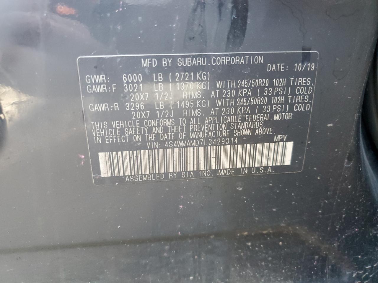 2020 Subaru Ascent Limited VIN: 4S4WMAMD7L3429314 Lot: 69914605