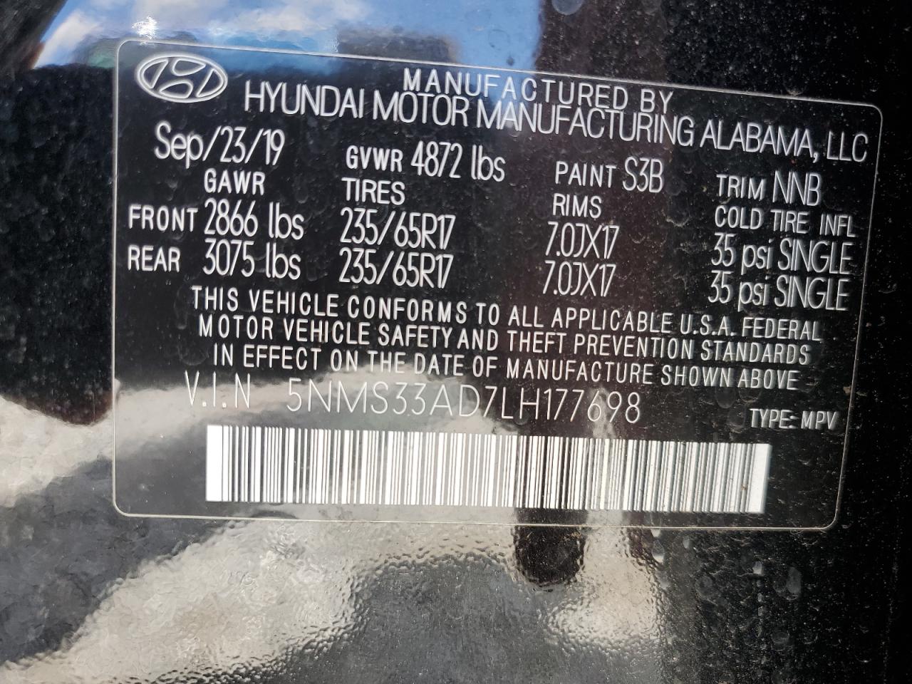 2020 Hyundai Santa Fe Sel VIN: 5NMS33AD7LH177698 Lot: 70113675