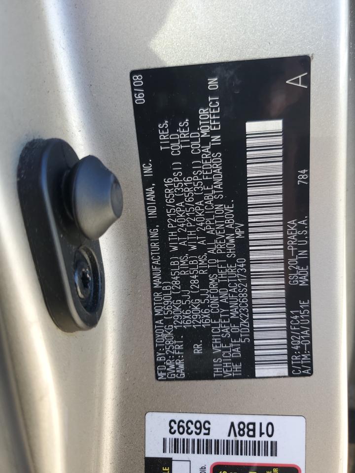 2008 Toyota Sienna Ce VIN: 5TDZK23C68S217340 Lot: 69799175
