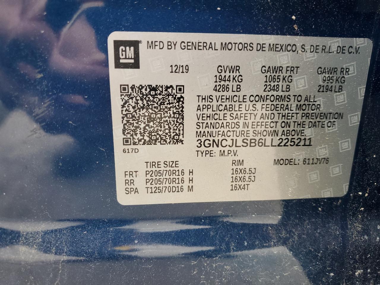 2020 Chevrolet Trax 1Lt VIN: 3GNCJLSB6LL225211 Lot: 67189145