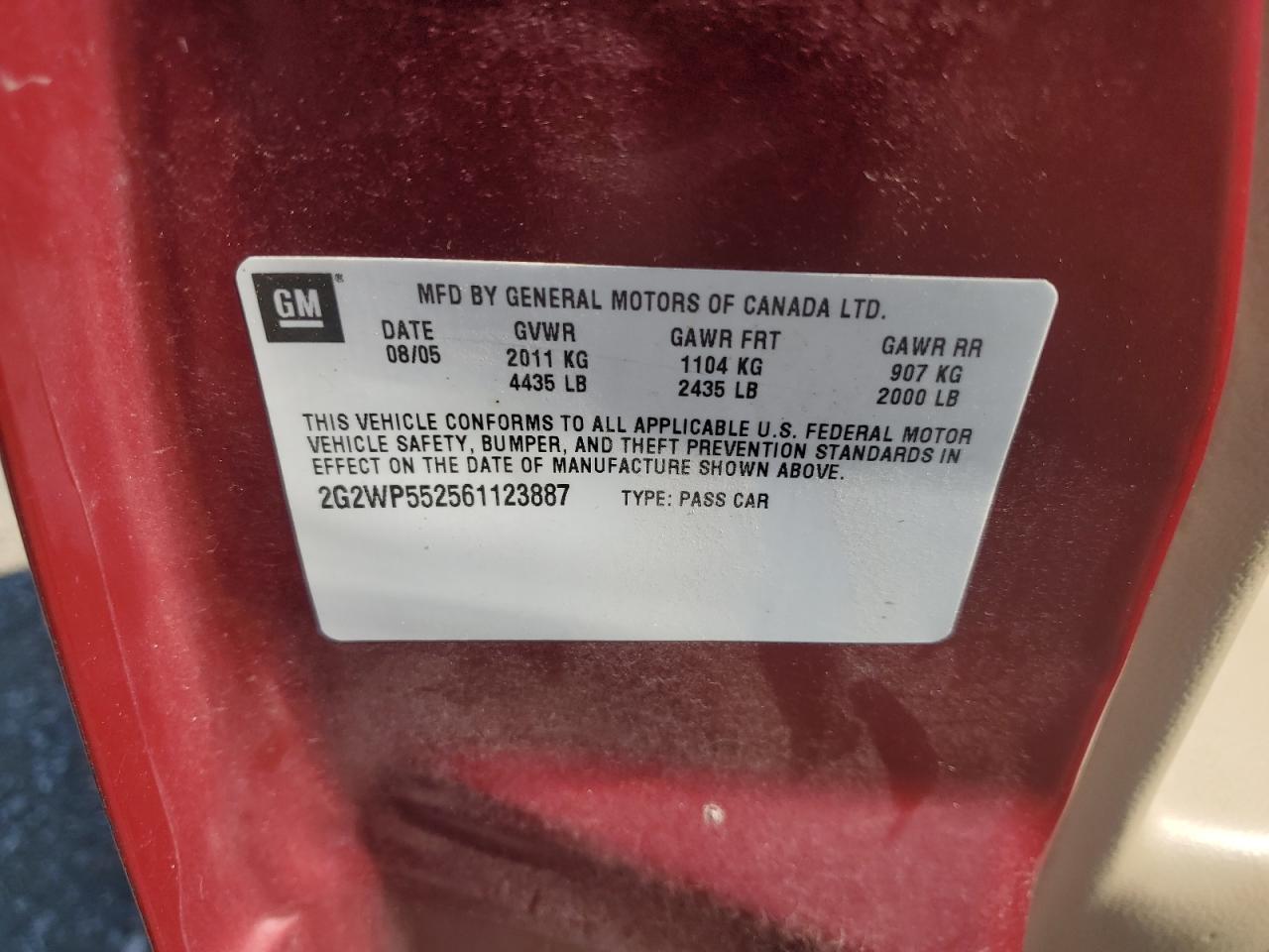 2006 Pontiac Grand Prix VIN: 2G2WP552561123887 Lot: 67437105