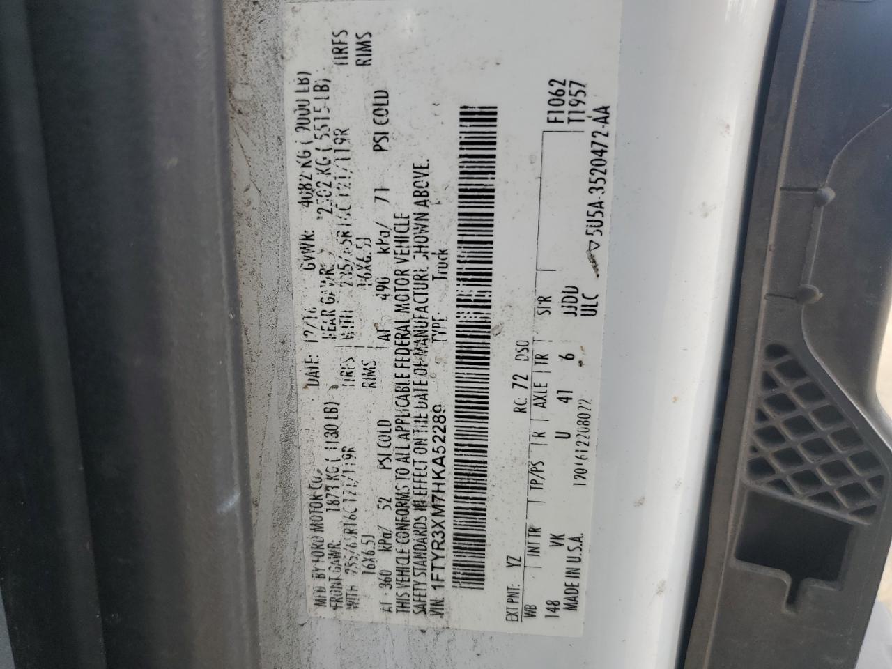 2017 Ford Transit T-250 VIN: 1FTYR3XM7HKA52289 Lot: 67254865