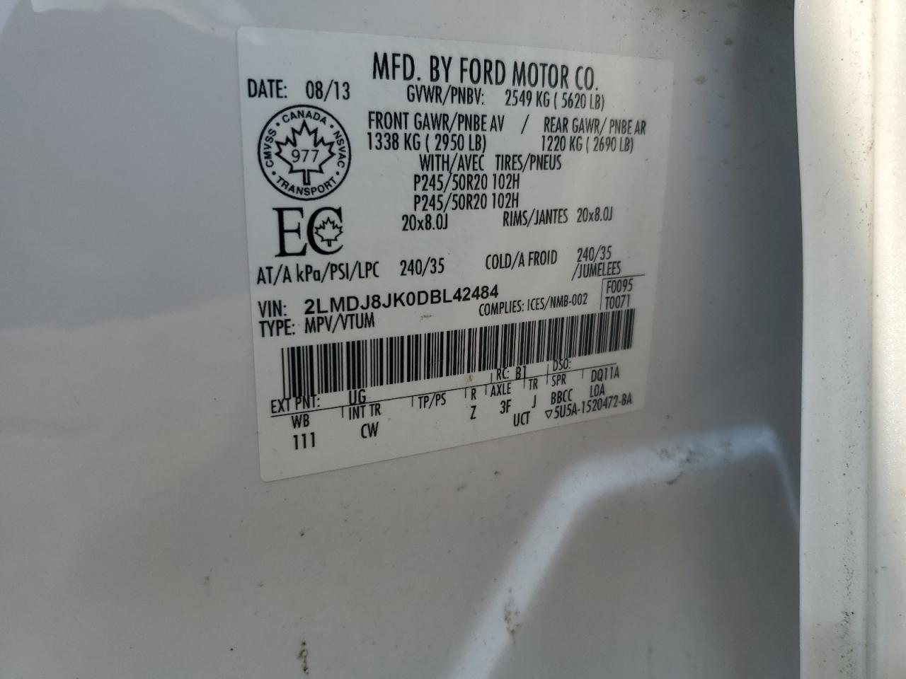 2013 Lincoln Mkx VIN: 2LMDJ8JK0DBL42484 Lot: 68824585