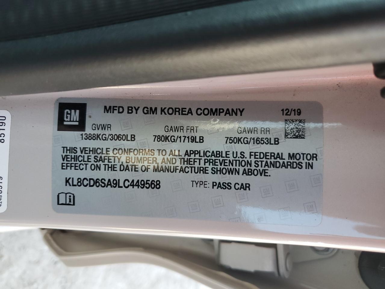 2020 Chevrolet Spark 1Lt VIN: KL8CD6SA9LC449568 Lot: 67949895