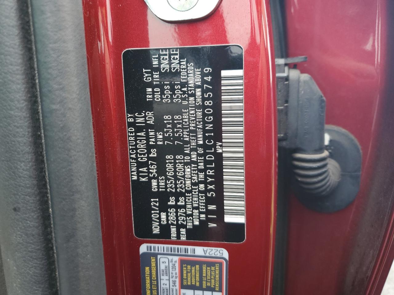 2022 Kia Sorento S VIN: 5XYRLDLC1NG085749 Lot: 70595005