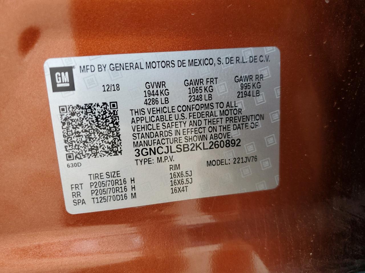 2019 Chevrolet Trax 1Lt VIN: 3GNCJLSB2KL260892 Lot: 68463495