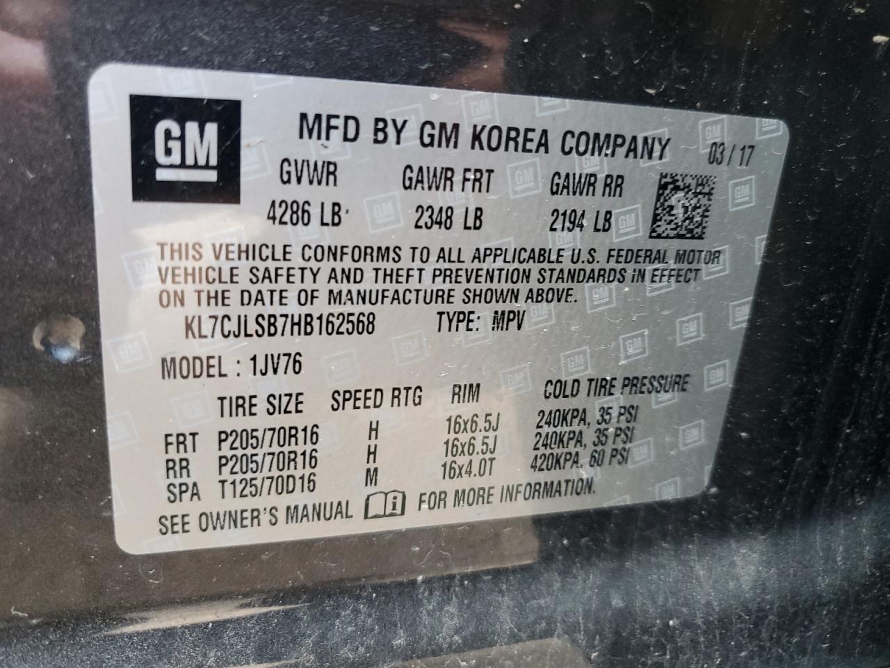 2017 Chevrolet Trax 1Lt VIN: KL7CJLSB7HB162568 Lot: 67548875