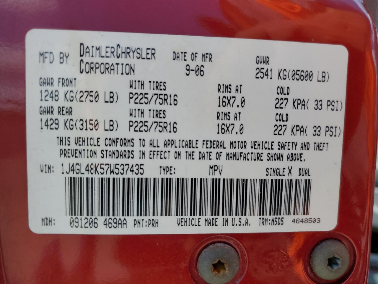 2007 Jeep Liberty Sport VIN: 1J4GL48K57W537435 Lot: 69857755