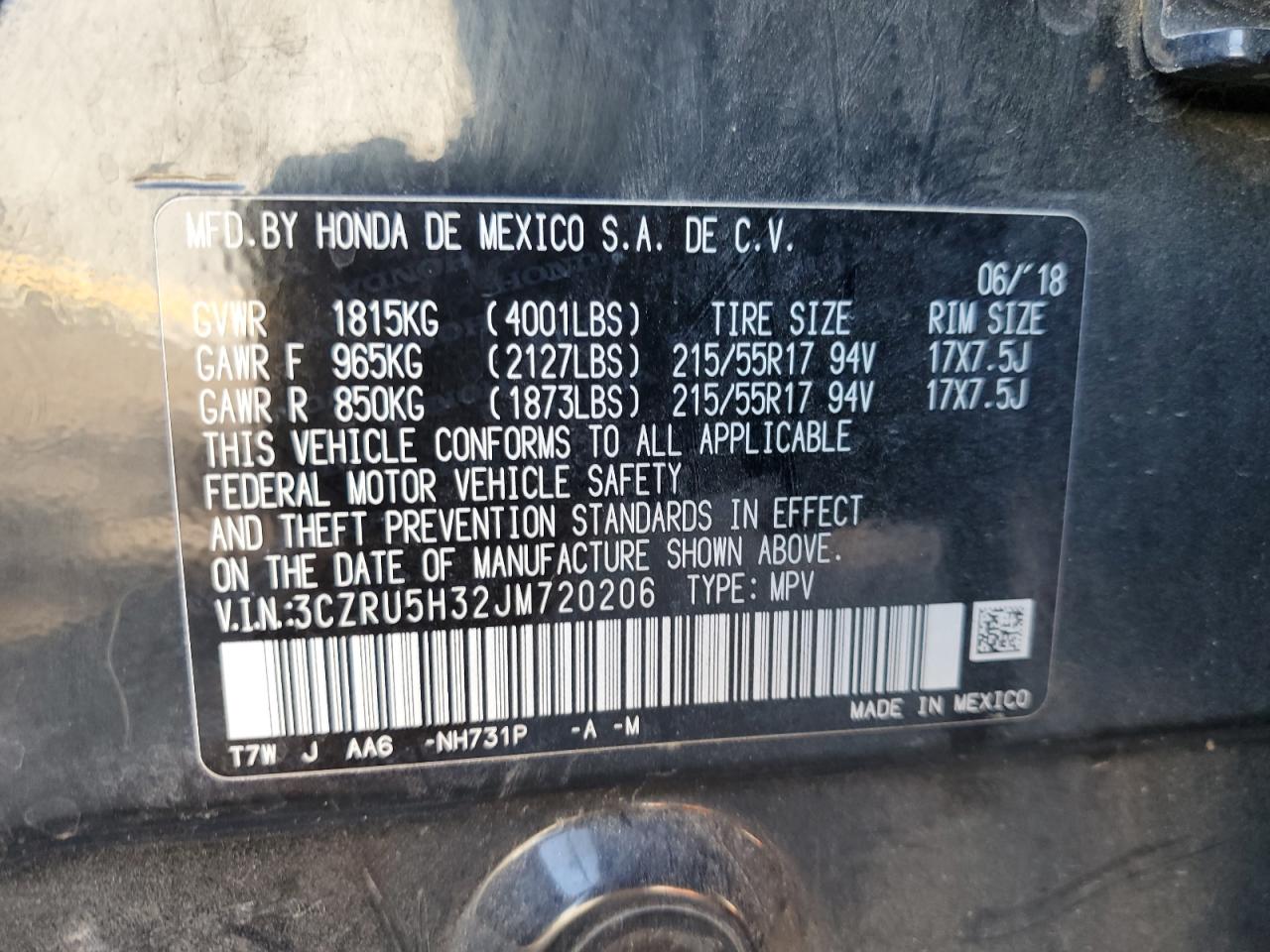 2018 Honda Hr-V Lx VIN: 3CZRU5H32JM720206 Lot: 67327805