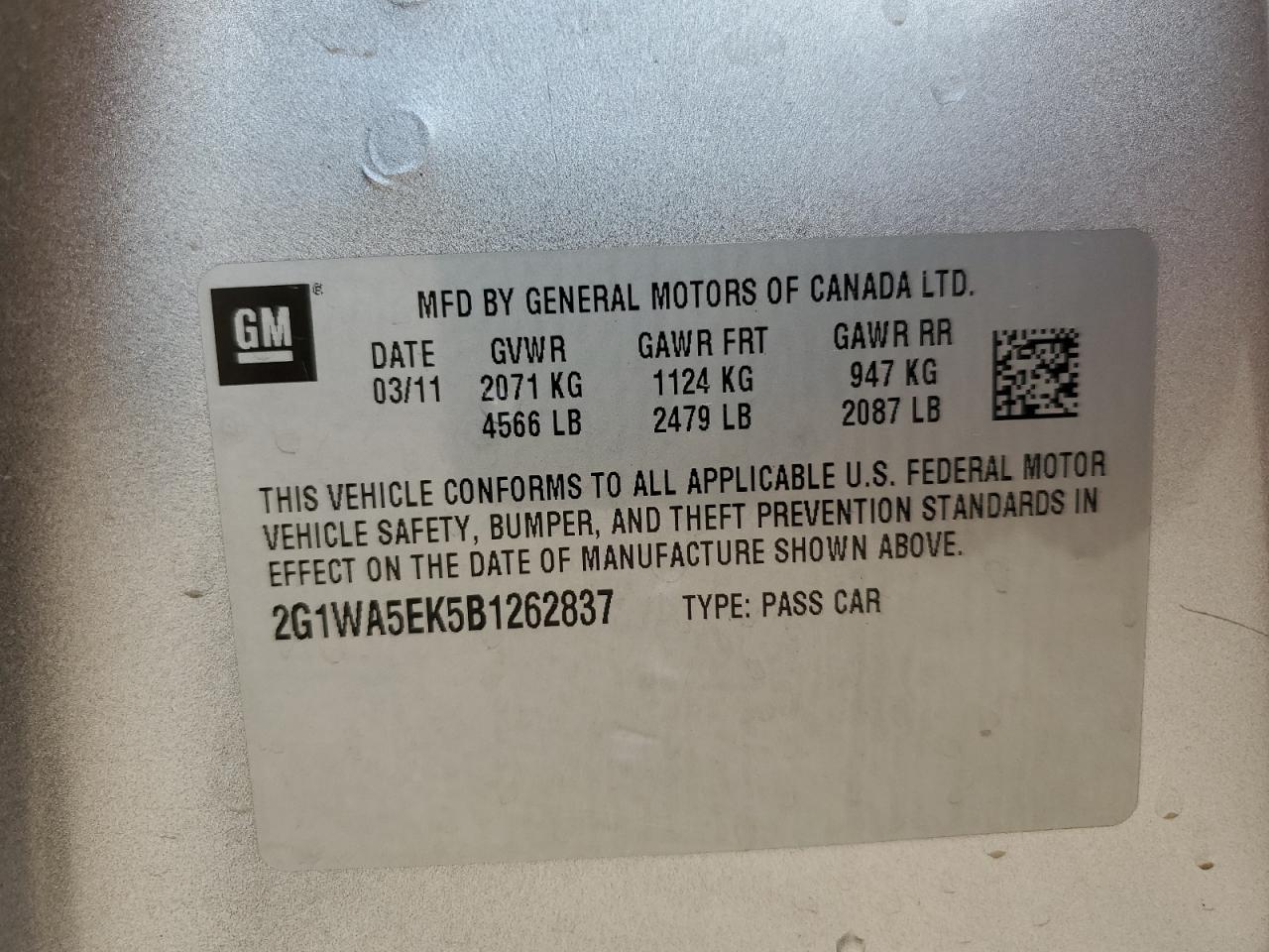 2011 Chevrolet Impala Ls VIN: 2G1WA5EK5B1262837 Lot: 69054965