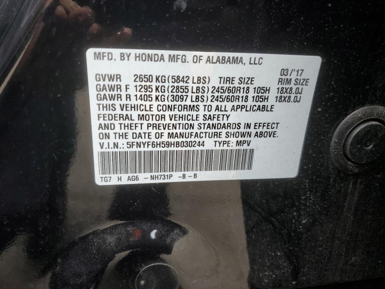 2017 Honda Pilot Exl VIN: 5FNYF6H59HB030244 Lot: 69460425