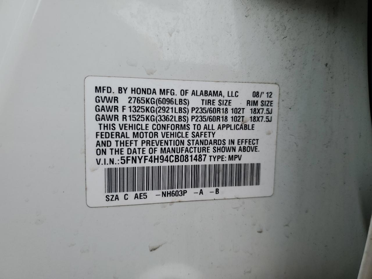 2012 Honda Pilot Touring VIN: 5FNYF4H94CB081487 Lot: 69873625