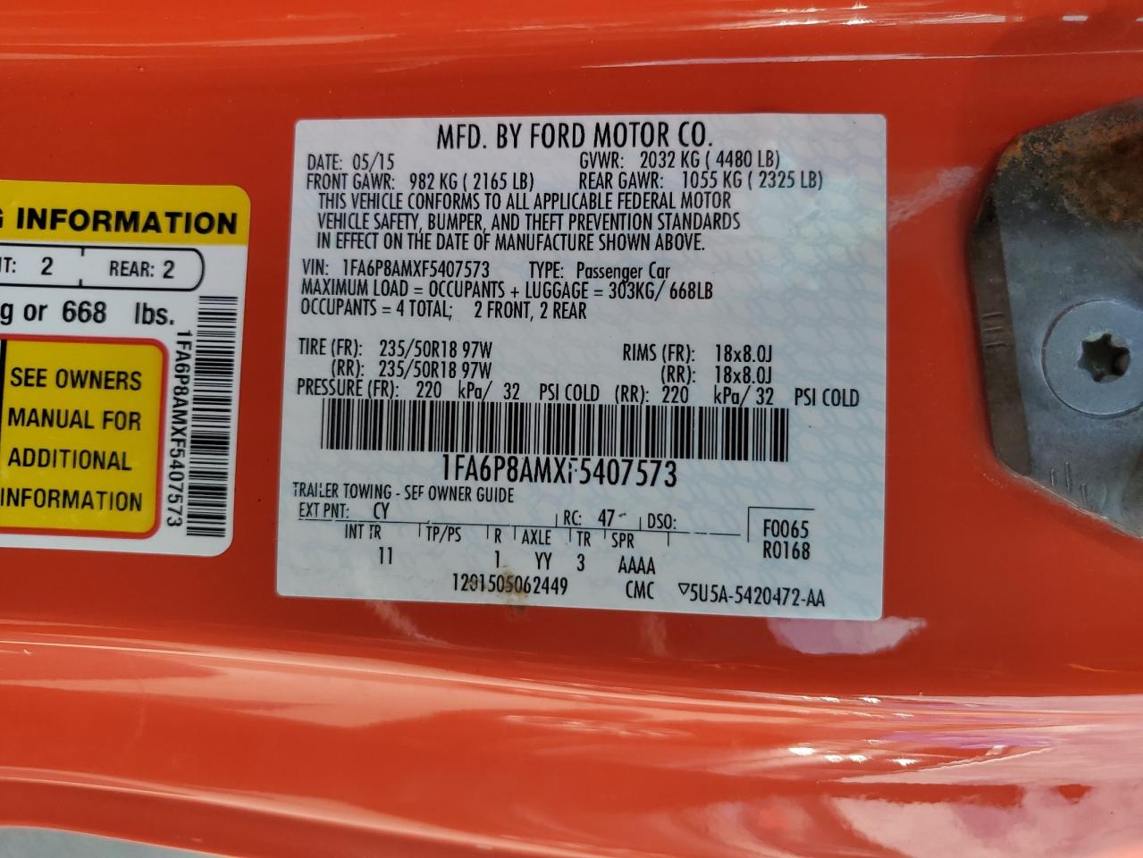 2015 Ford Mustang VIN: 1FA6P8AMXF5407573 Lot: 68885525
