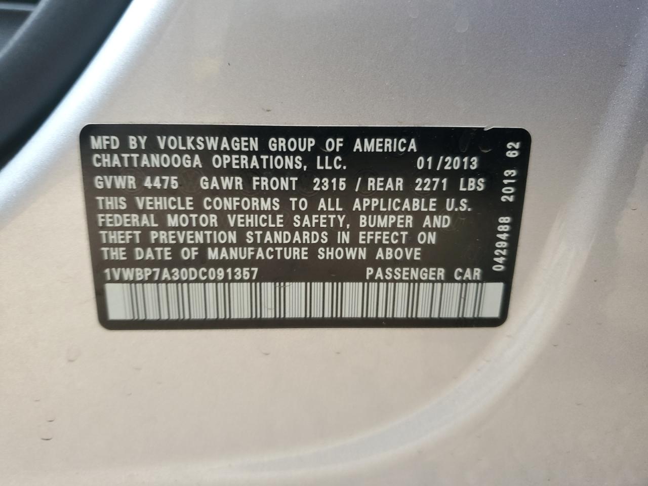 2013 Volkswagen Passat Se VIN: 1VWBP7A30DC091357 Lot: 67953355