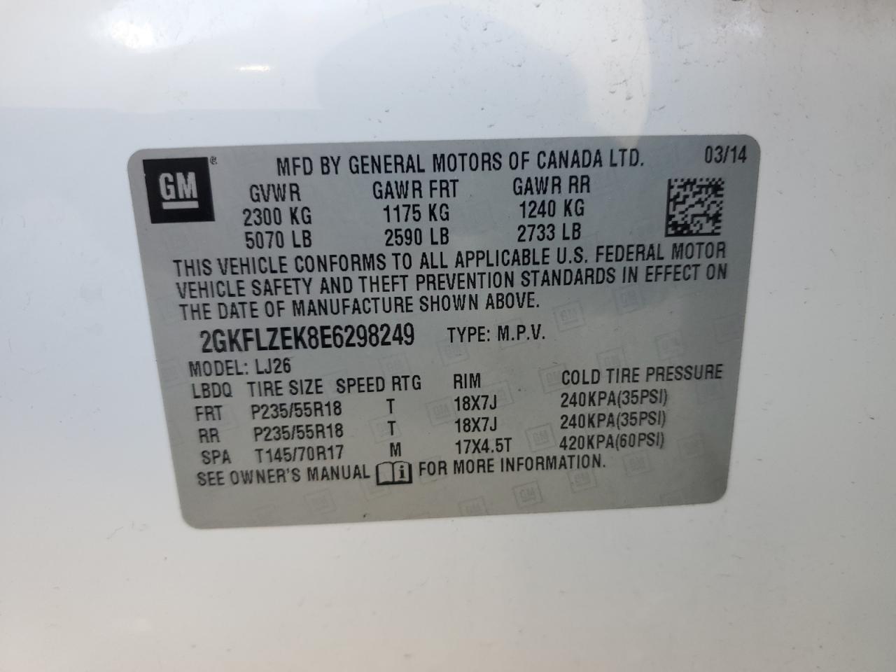 2014 GMC Terrain Denali VIN: 2GKFLZEK8E6298249 Lot: 70438405