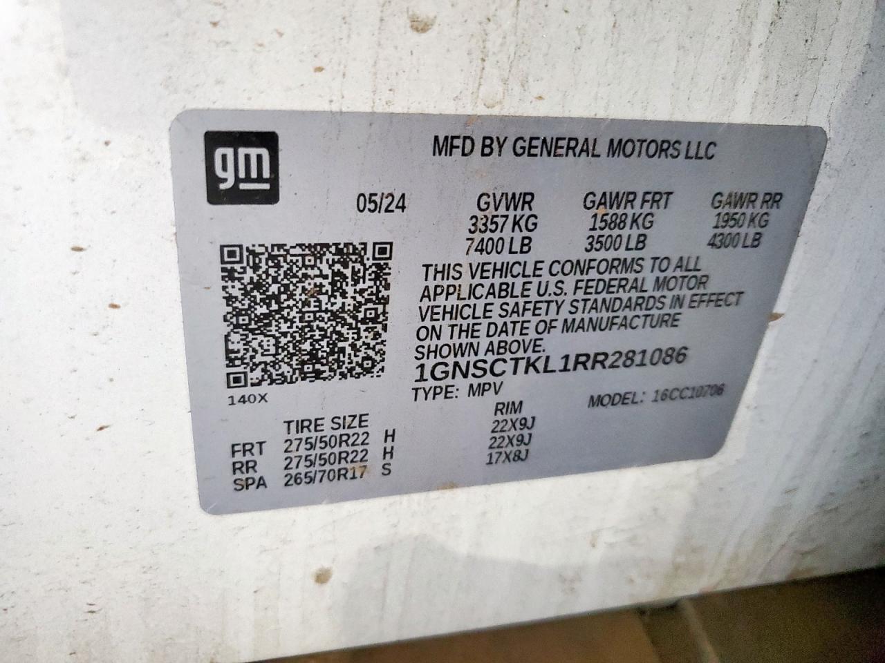 2024 Chevrolet Tahoe C1500 High Country VIN: 1GNSCTKL1RR281086 Lot: 69607305