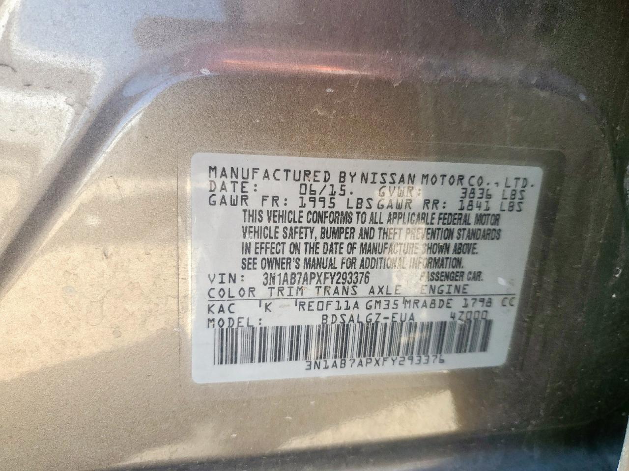 2015 Nissan Sentra S VIN: 3N1AB7APXFY293376 Lot: 71038615