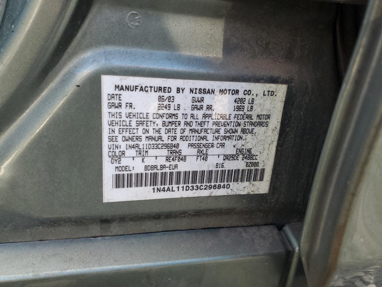 2003 Nissan Altima Base VIN: 1N4AL11D33C296840 Lot: 70354525