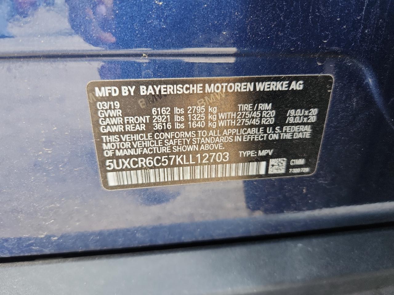 2019 BMW X5 xDrive40I VIN: 5UXCR6C57KLL12703 Lot: 68526395