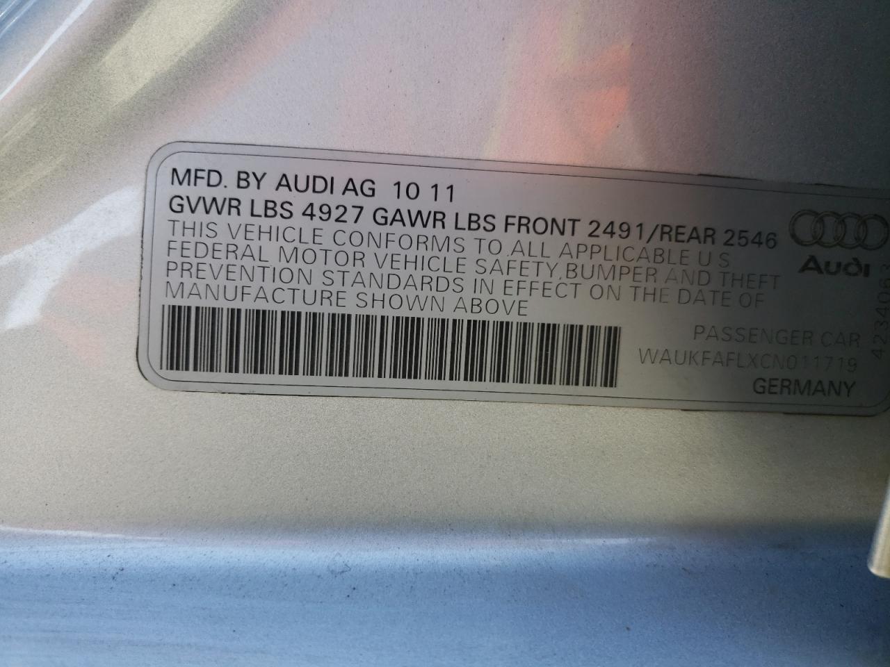 2012 Audi A4 Prestige VIN: WAUKFAFLXCN011719 Lot: 66667255