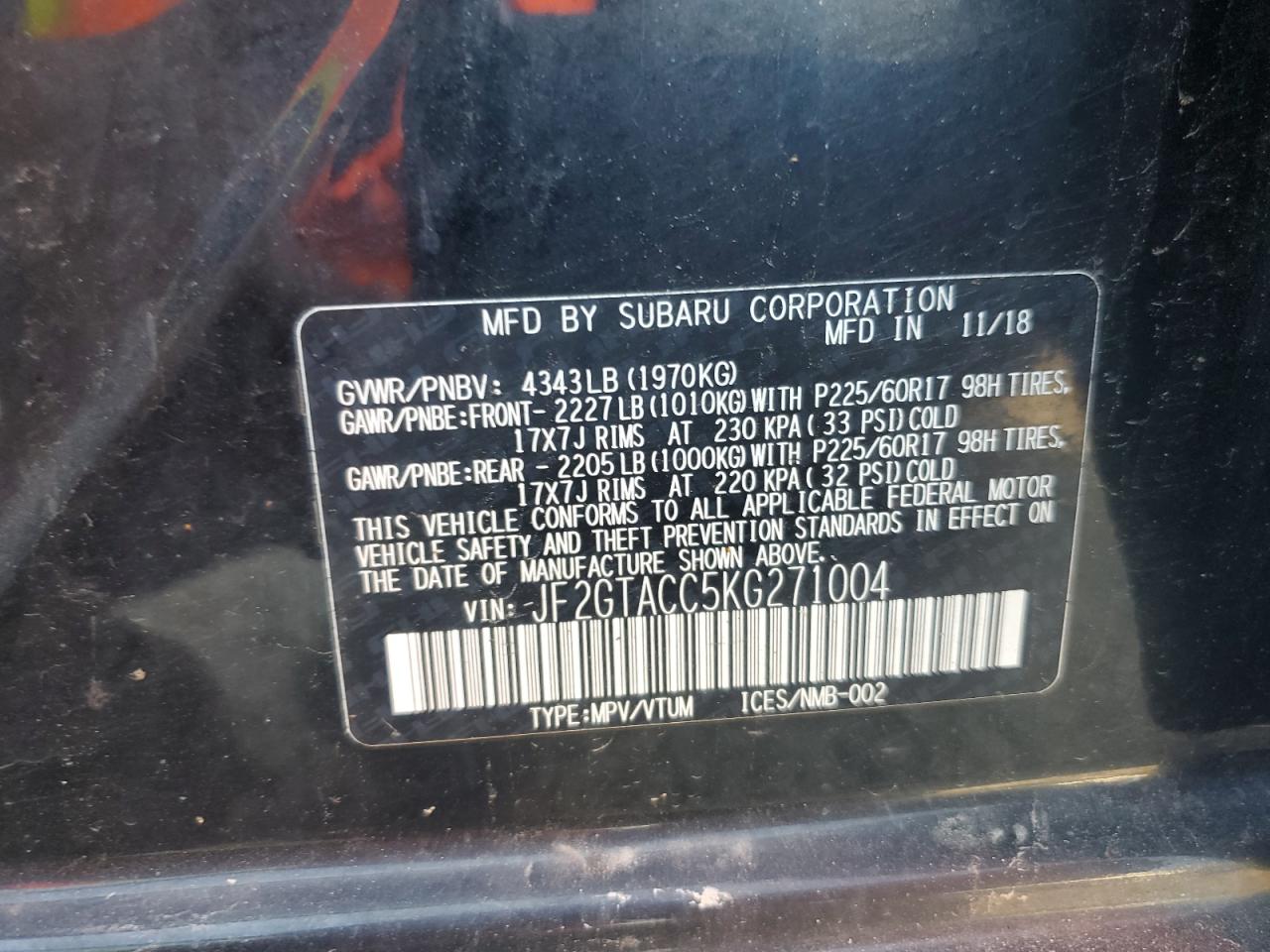 2019 Subaru Crosstrek Premium VIN: JF2GTACC5KG271004 Lot: 68480615