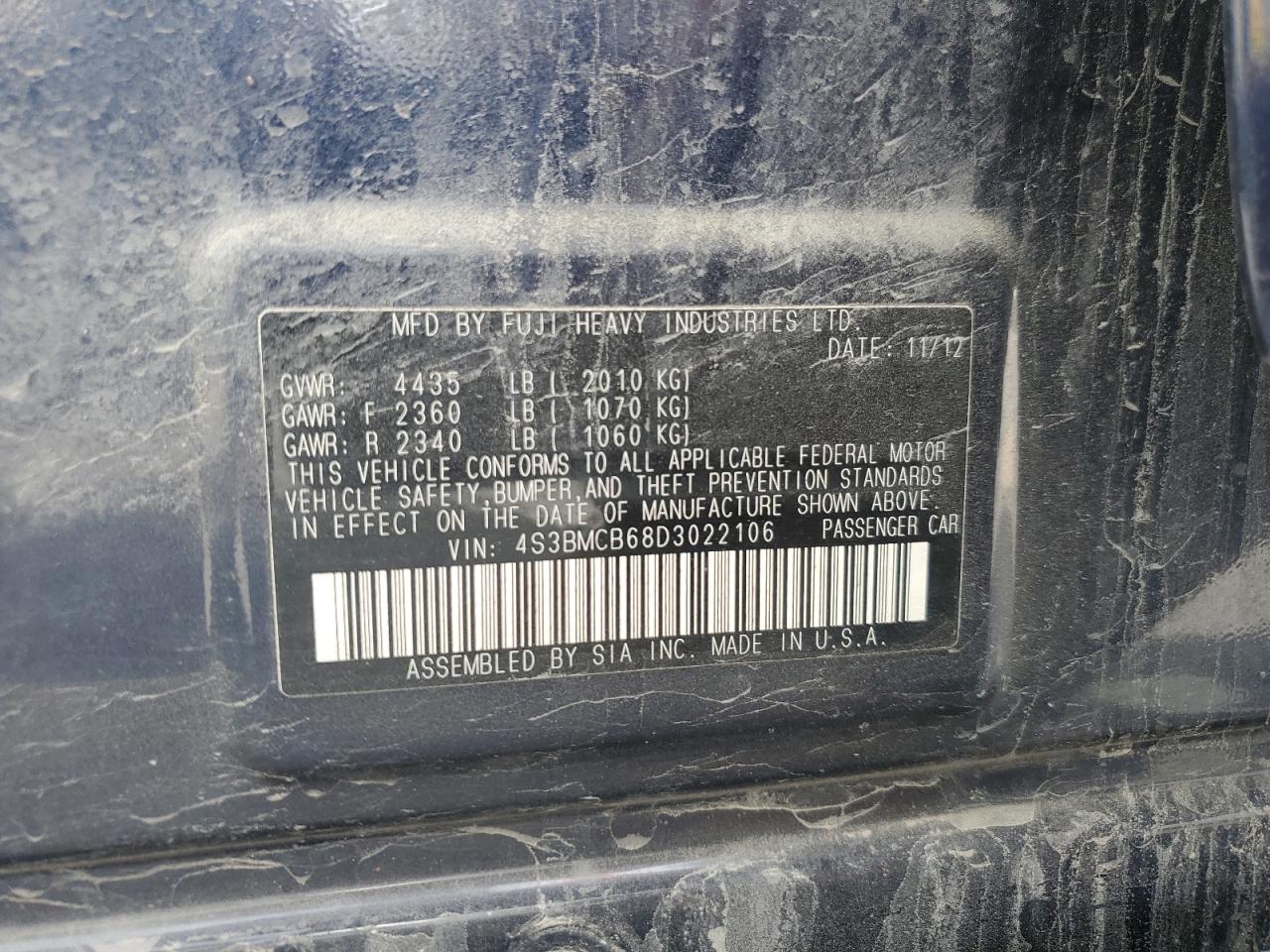 2013 Subaru Legacy 2.5I Premium VIN: 4S3BMCB68D3022106 Lot: 69342125