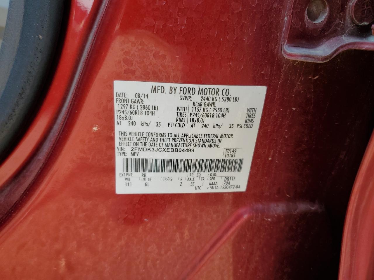 2014 Ford Edge Sel VIN: 2FMDK3JCXEBB04499 Lot: 68039665