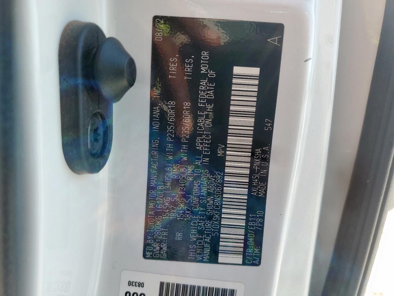 2022 Toyota Sienna Xse VIN: 5TDXSKFC8NS067892 Lot: 70937815