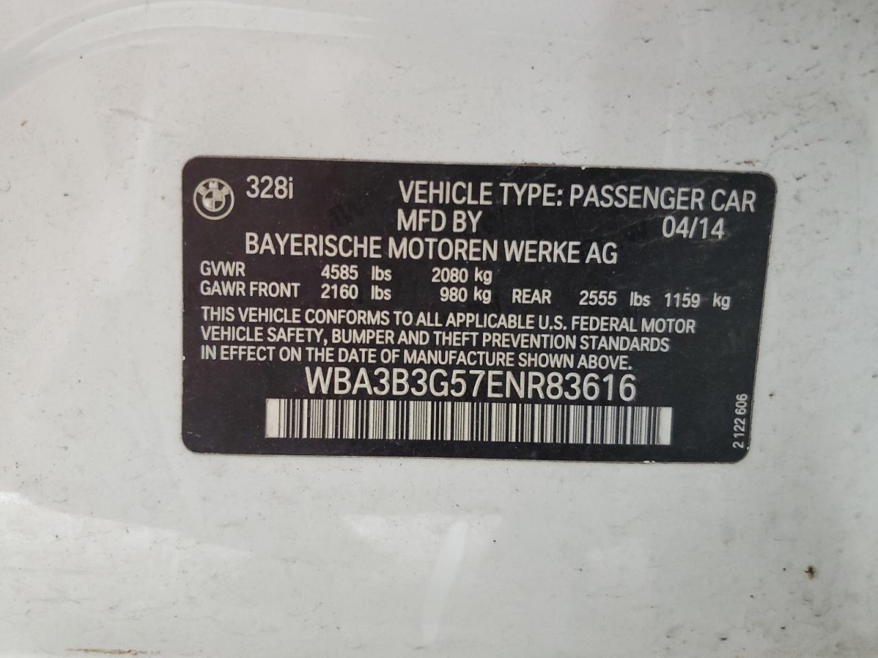 2014 BMW 328 Xi VIN: WBA3B3G57ENR83616 Lot: 67909375