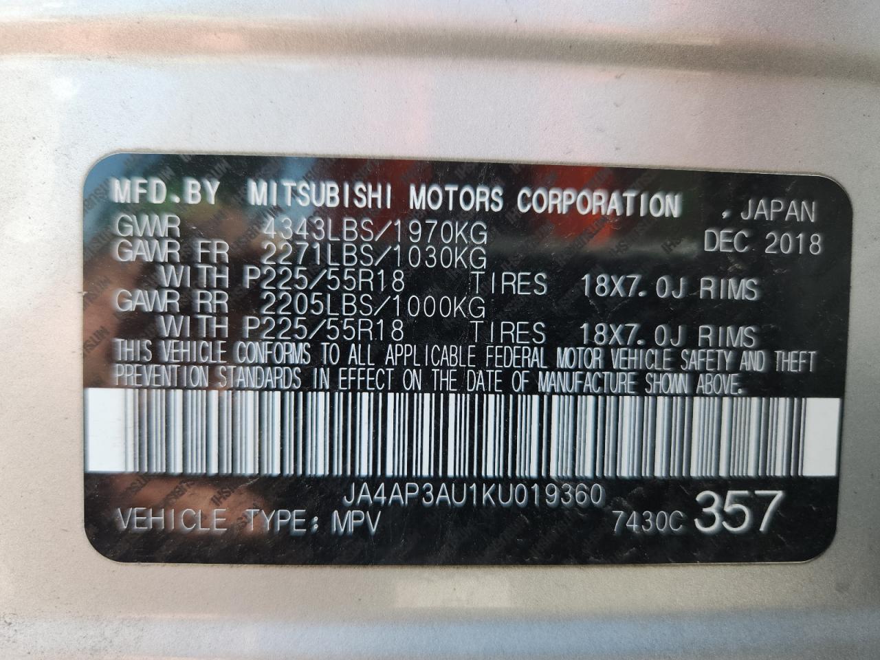 2019 Mitsubishi Outlander Sport Es VIN: JA4AP3AU1KU019360 Lot: 68790425