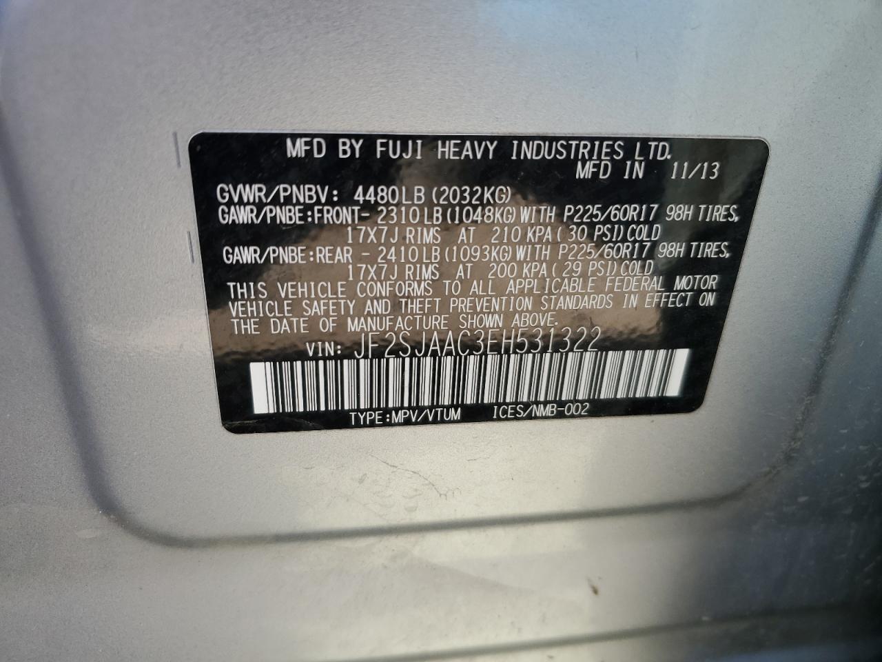 2014 Subaru Forester 2.5I VIN: JF2SJAAC3EH531322 Lot: 67931945