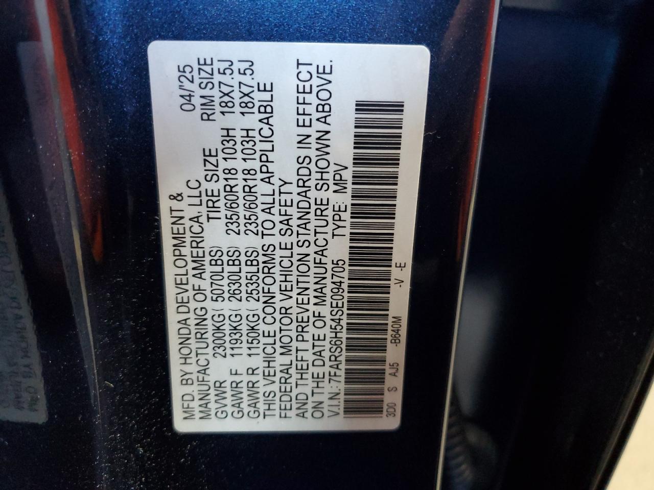 2025 Honda Cr-V Sport VIN: 7FARS6H54SE094705 Lot: 69774415