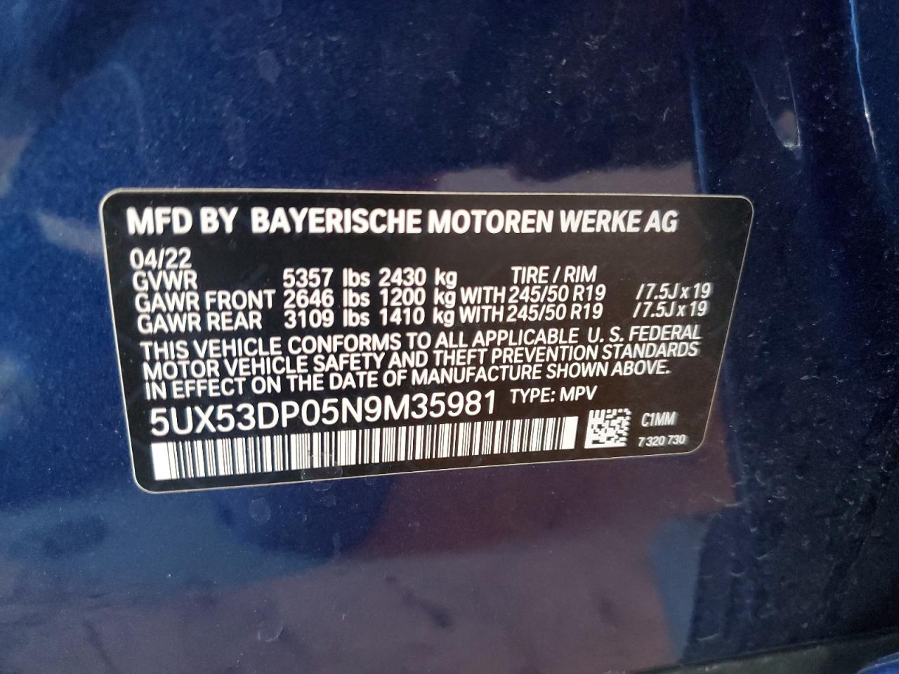 2022 BMW X3 xDrive30I VIN: 5UX53DP05N9M35981 Lot: 69502265