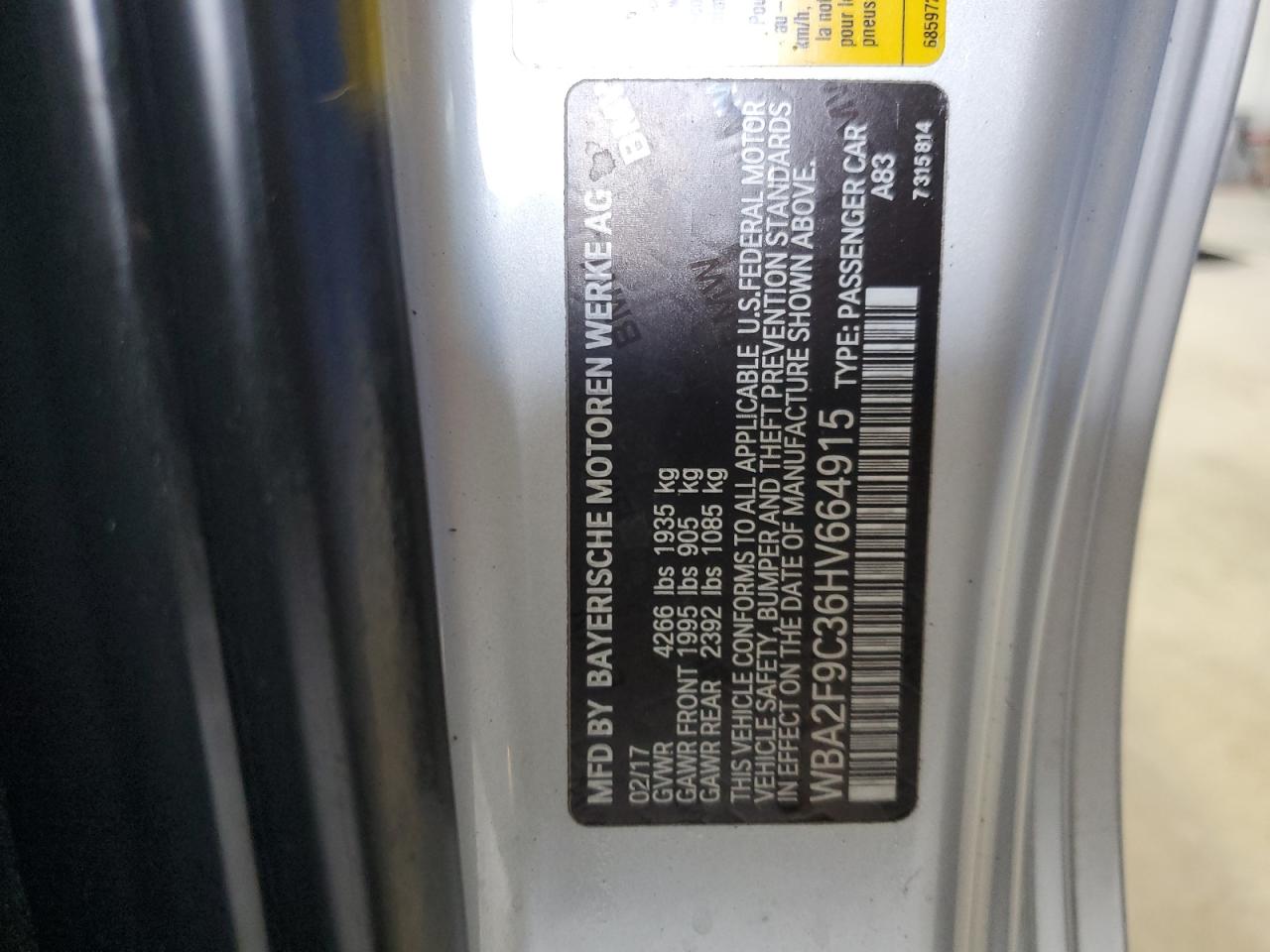 2017 BMW 230I VIN: WBA2F9C36HV664915 Lot: 70333215